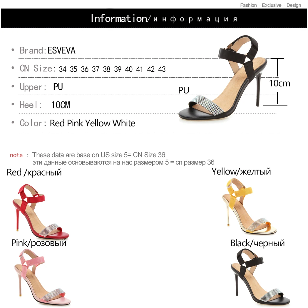 

ESVEVA 2019 Women Sandals PU Leather Thin High Heel Peep Toe Slingback Hook&Loop Summer Fashion Ladies Pumps Size 34-43