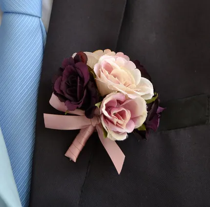 Style 1 Boutonniere Свадебный Мужской бутоньерка& девушка невесты подружки невесты на запястье Роза корсаж цветок в слоновой кости фиолетовый розовый Жених булавка брошь - Цвет: Style 1 Boutonniere