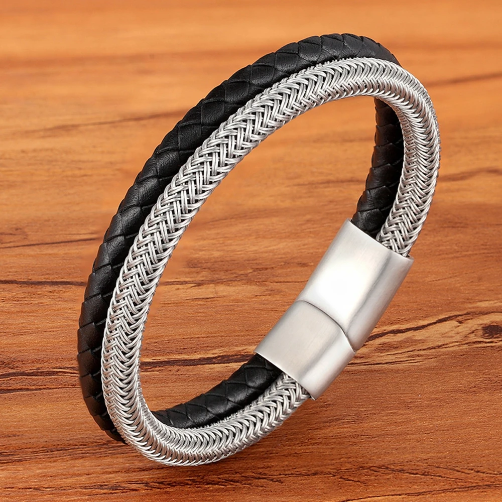 XQNI Classic Style Leather With Stainless Steel Stitching Combination Men's Bracelet BlackSteel Buckle Party Accessories Gift (art.: 7b0d86f20) - 7b0d86f20