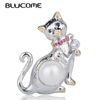blucome cute animal cat shape copper brooches simulation pearl pink zircon jewelry womens child dress shirt collar accessories