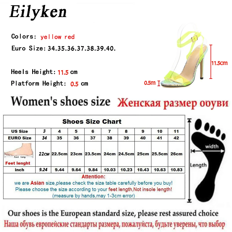 Eilyken/модные летние прозрачные босоножки флуоресцентного цвета; пикантные женские босоножки из ПВХ на высоком каблуке с пряжкой и ремешком; обувь для вечеринок