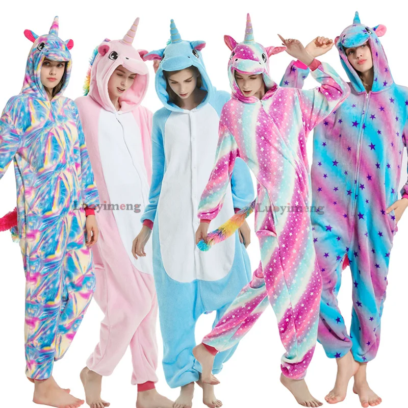 Winter Adults Unicorn Onesie Kigurumi Animal Panda Pajamas Flannel Hooded Anime Stich Licorne Pyjamas Women Men Sleepers Blanket