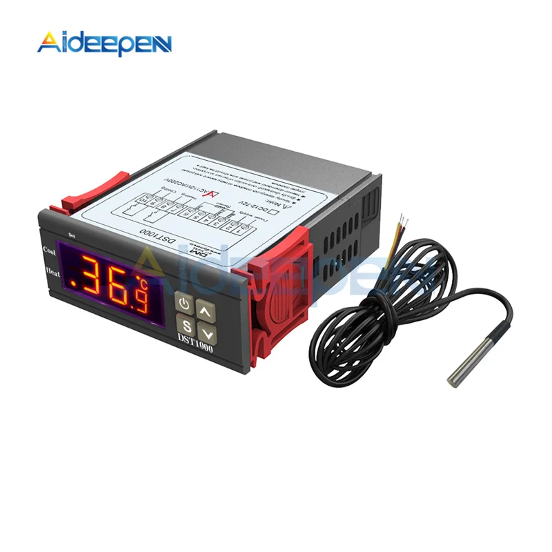 

Цифровой светодиодный термостат DST1000, 110-220 В переменного тока, 12-72 В постоянного тока, регулятор температуры, Уличный Термометр, датчик DS18B20 + ...