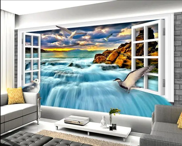 3D обои 3d ТВ окно Белый рок пляж 3 d водопад фон Настенные | Обустройство дома