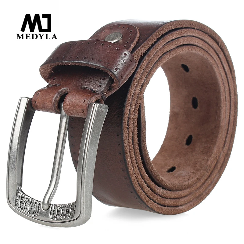 MEDYLA Fashion Brand Men's Genuine Leather Belt High-quality Alloy Buckle Casual Retro Brown Long Belts 105cm to 150cm Dropship