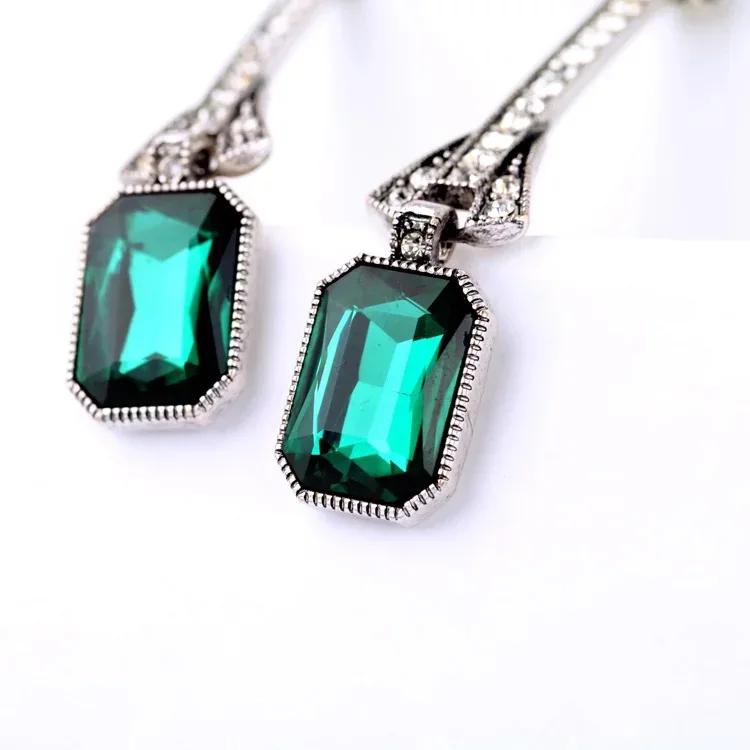 YaYi Green Glass White Rhinestone Long Dangle Earring Women's Fashion Ancient Silver Earrings gems For Women Girls | Украшения и