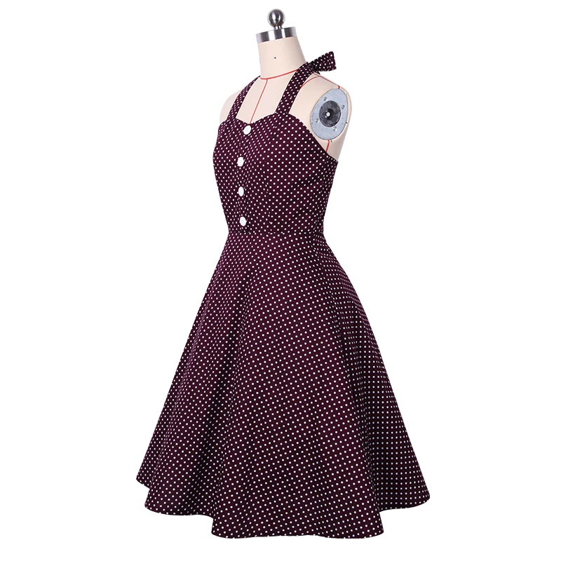 Фиолетовый синий горошек миди без рукавов Винтаж ретро сплошной lne квадратный