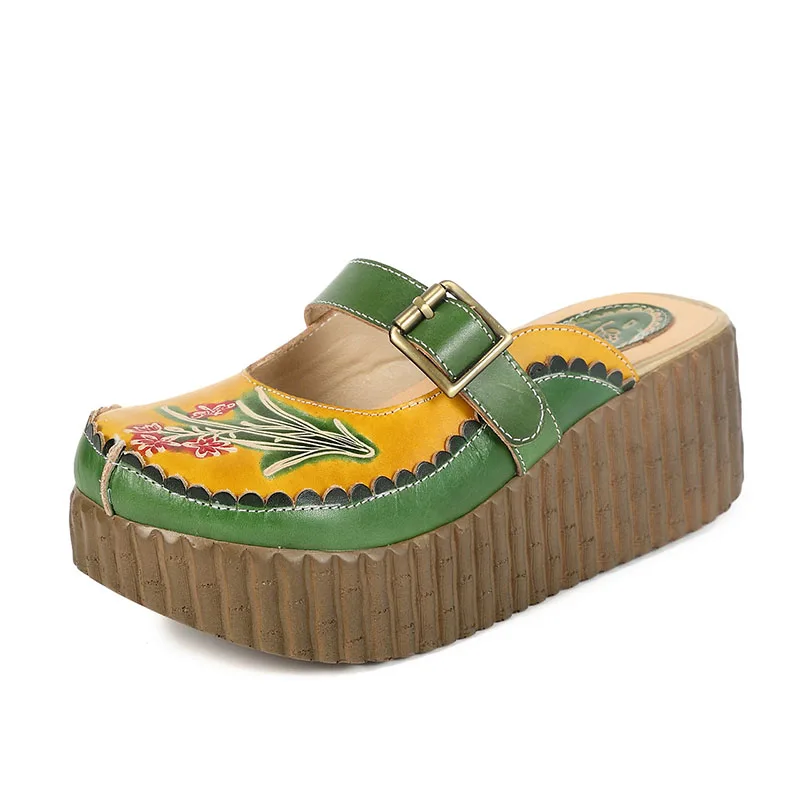 

2019 Wedge Slides Shoes Women Cover Toes Buckle Flower Cut Out Summer Female Genuine Leather Platform Slippers