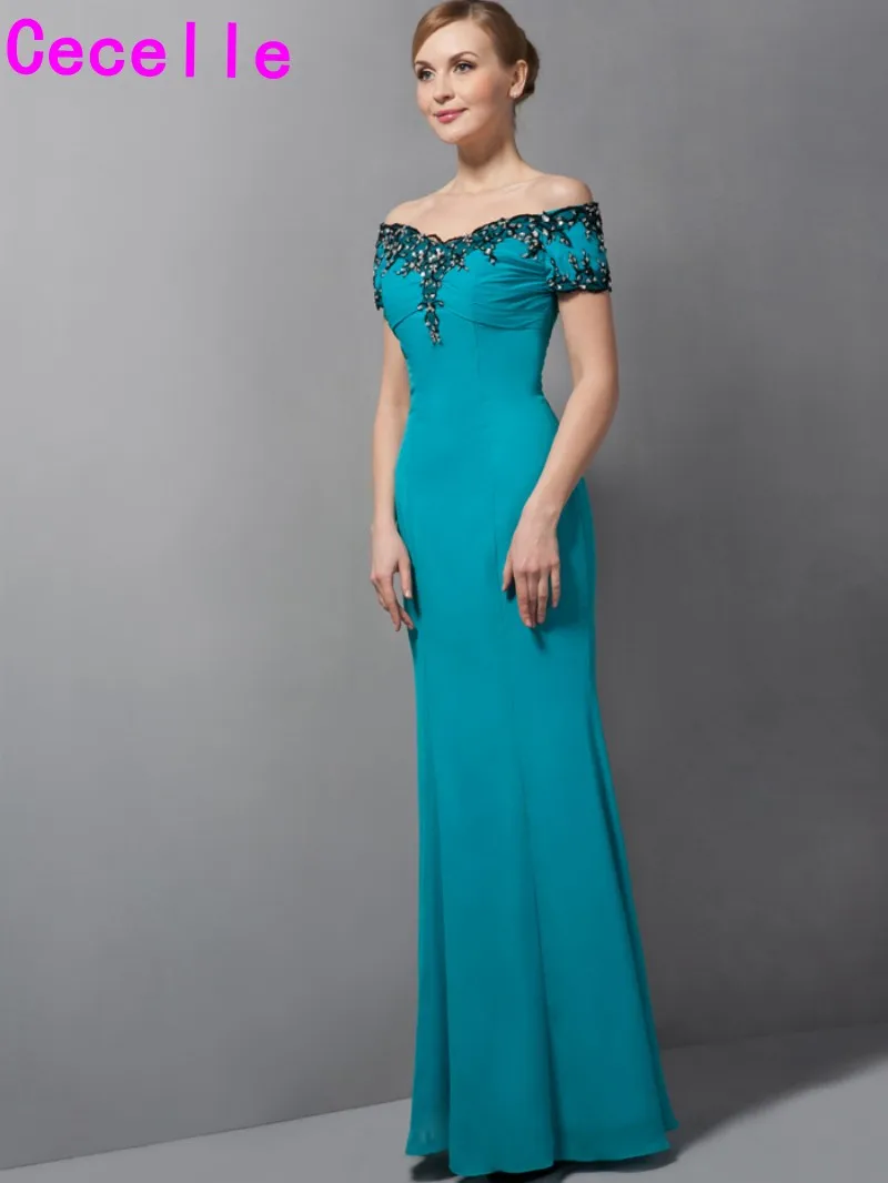 Teal Long Mermaid Floor Length Off Shoulder Chiffon Mother Of Bride Dresses With Short Sleeves Mother's Elegant Formal | Свадьбы и