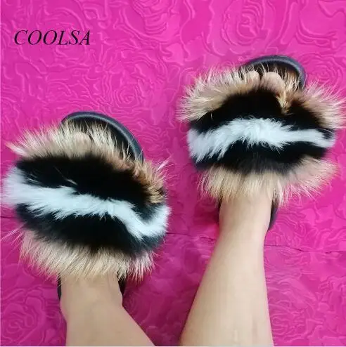 12 COOLSA/Новые модные женские тапочки с натуральным лисьим мехом; милые пушистые пляжные шлепанцы; женские разноцветные меховые плюшевые тапочки; - Цвет: 12