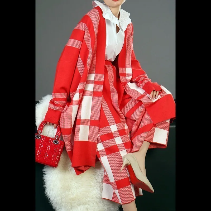 LANMREM высокое качество 2020 Новая мода Красный Клетчатый вязаный кардиган пальто и