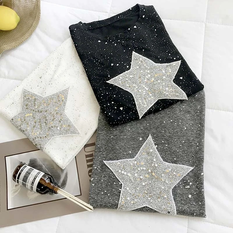 Shine star, женские футболки, лето, новинка, круглый вырез, короткий рукав, свободный, серый, расшитый блестками Топ, футболки, модная женская верхняя одежда, топы
