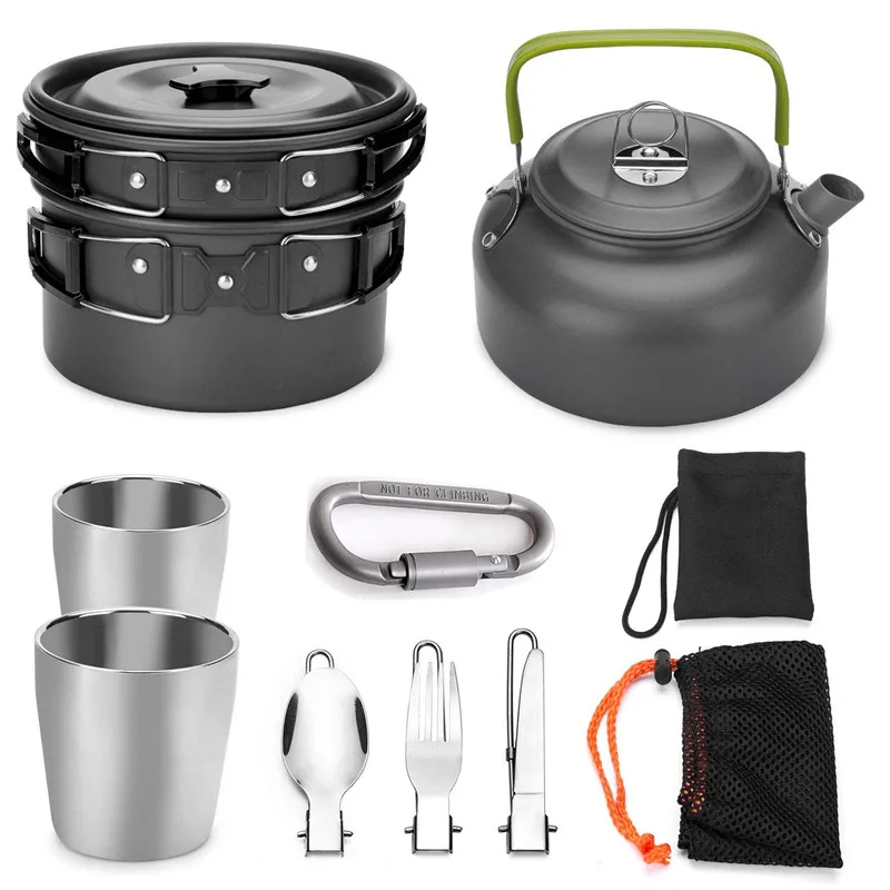 10pcs tableware set 10 шт. набор посуды для кемпинга, портативная кастрюля, чайник с 2 чашками, вилка, нож, ложка, набор для альпинизма, Открытый походный набор - Цвет: 10pcs tableware set