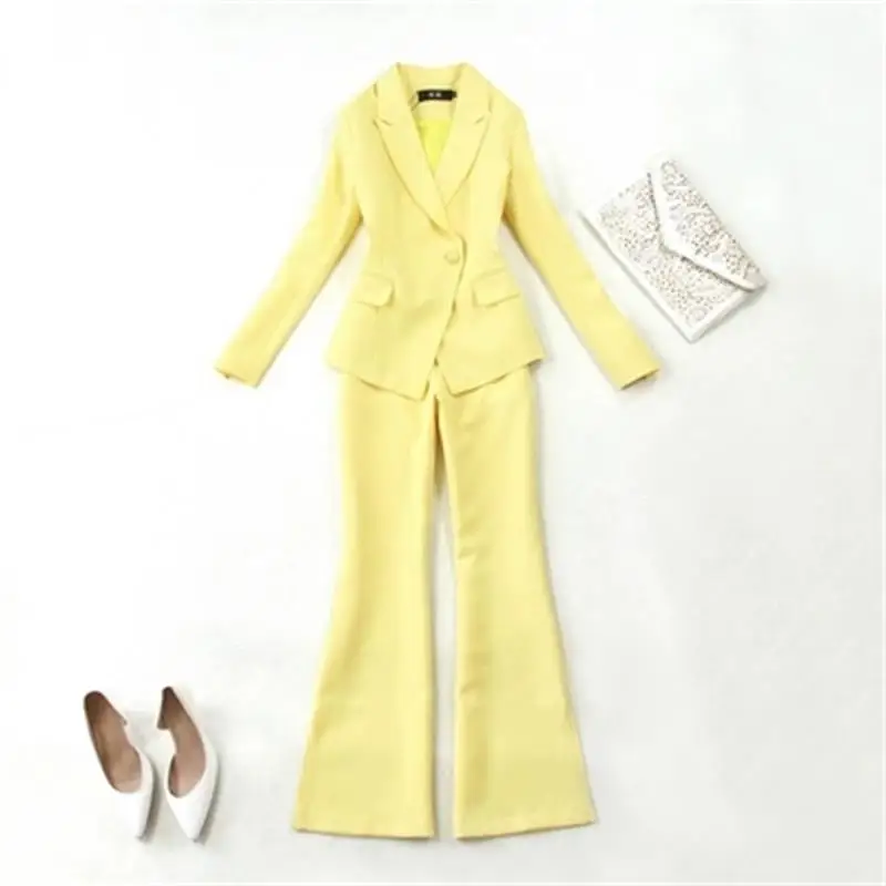 

Fashion Women Offiec 2 Piece Set 19 spring summer New Yellow Slim Fit One Button Suit coat + Bell Pants Two Piece OL Suit women