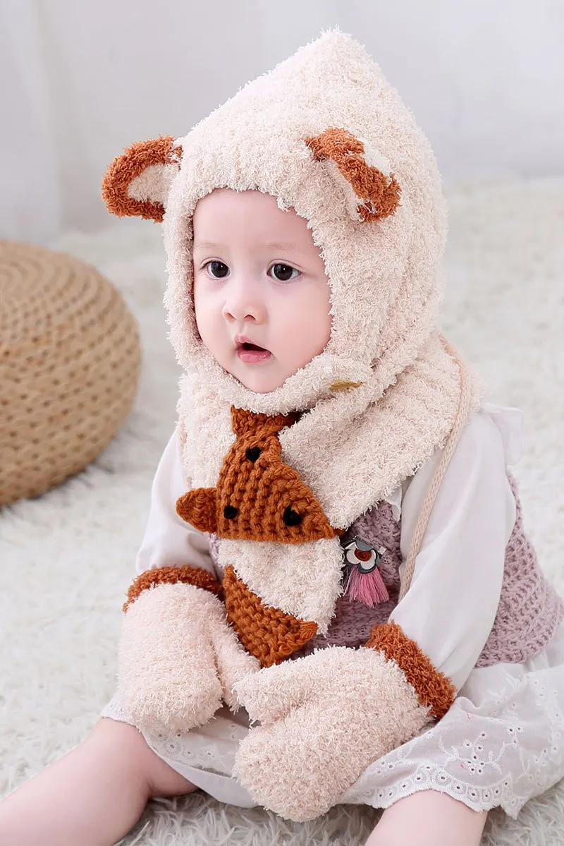 6 months to 3 Years old cartoon fox beanies hats sets wool kids soft winter 3 pcs baby boys girl scarf hat glove set