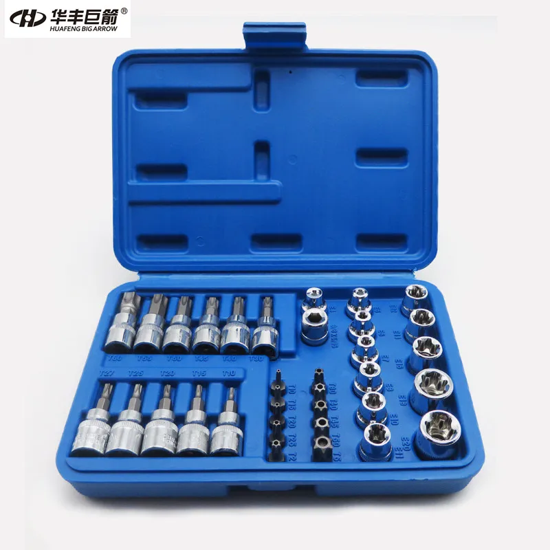 34 шт. Torx Бит звезды гнездо набор женский E torx Безопасности биты 3/8 диск Бит гнездо гаечный ключ набор ремонт автомобиля хром ванадиевой CRV