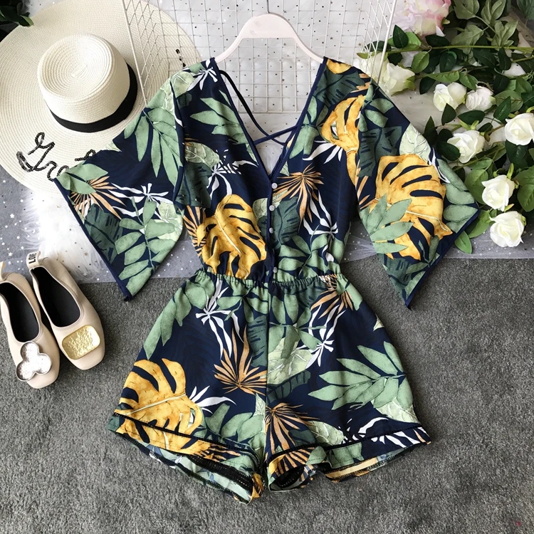 Синий Boho короткий женский комбинезон, пляжный, v-образный вырез, открытая спина, Корейская Сексуальная Шифоновая туника с цветочным принтом размера плюс, летние женские комбинезоны, комбинезоны - Цвет: Синий