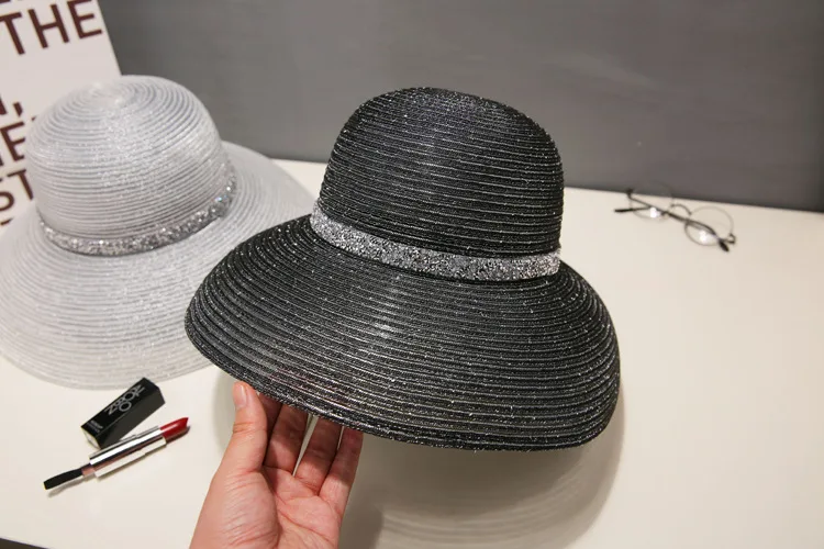 Summer Elegant Wide Brim Beach Hat Hepburn Style Rhinestone Belt Sun Hats Female Foldable UV Protection Sun Visor Caps