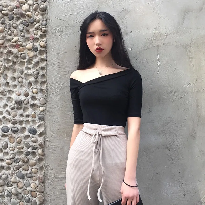 Short Solid Office Lady Off Shoulder Tshirt Elegant Women Shirts Backless Wryshoulder Crop Top Korean Style Clothes Tunic Tops | Женская