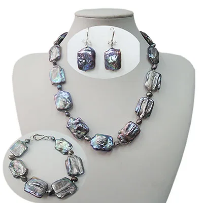 Jewelry set Квадратный барокко черный пресноводный жемчуг комплект ювелирных изделий ожерелье, браслет и серьги-925 серебряные серьги застежка-крючок, Большой жемчуг Размер 17x21 мм - Окраска металла: Jewelry set