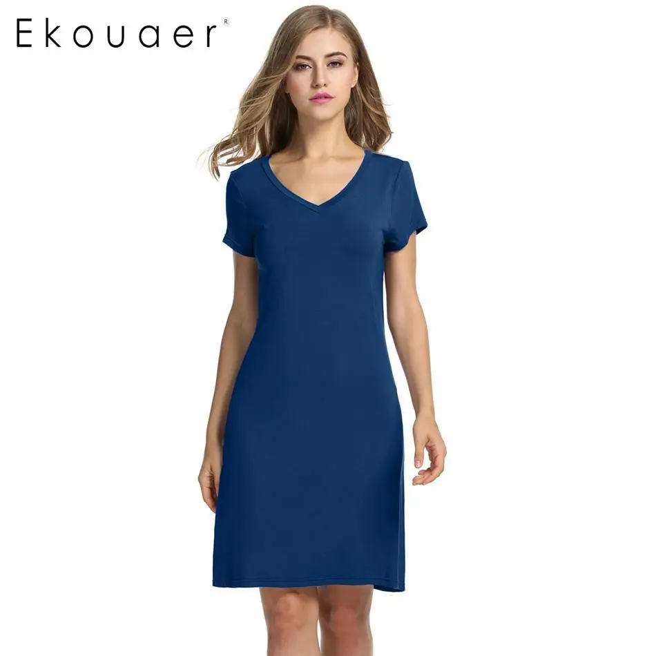 Blue Ekouaer ночные рубашки женские ночные рубашки домашнее платье с v-образным вырезом короткий рукав свободное Ночное платье летняя одежда для сна ночная рубашка Прямая поставка - Цвет: Blue