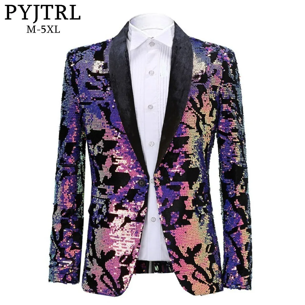 PYJTRL Модный Фиолетовый красочный бархат блёстки Блейзер Masculino Slim Fit мужской костюм куртка сценический певец костюм блестящие пиджаки