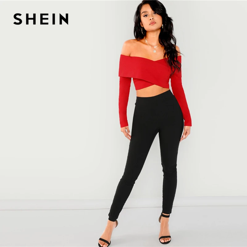 SHEIN Блузка С Открытыми Плечами На Молнии Женский Красный Весенний Сексуальный Топ С Длинными Рукавами