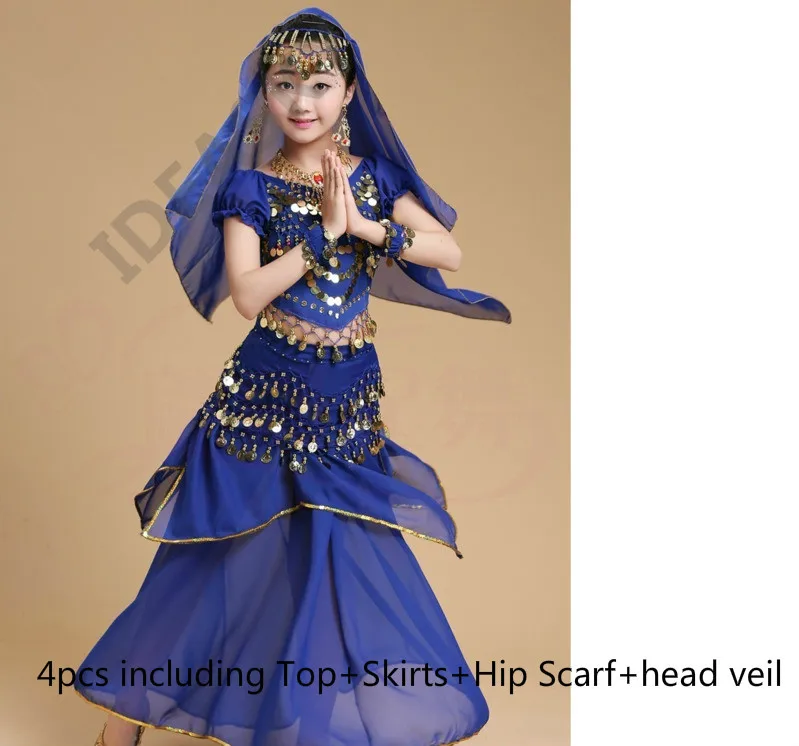blue 4pcs Индийский танец живота Болливуд танцевальные костюмы для детей набор профессиональных детей девочек Восточный Танец Топ юбка хип шарф - Цвет: blue 4pcs