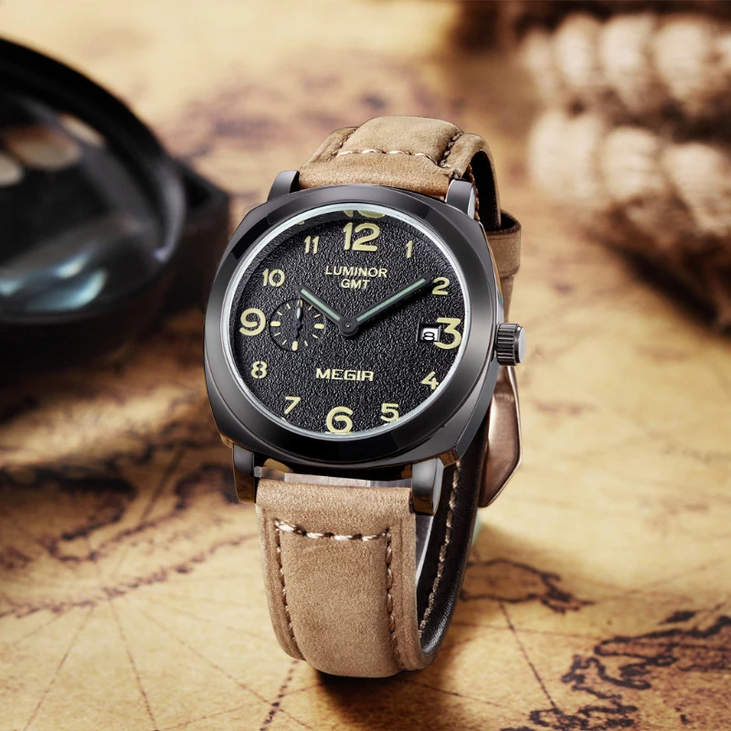 Megir матовая кожа мужчины Роскошные военные Кварцевые Tag мужские часы лучший бренд