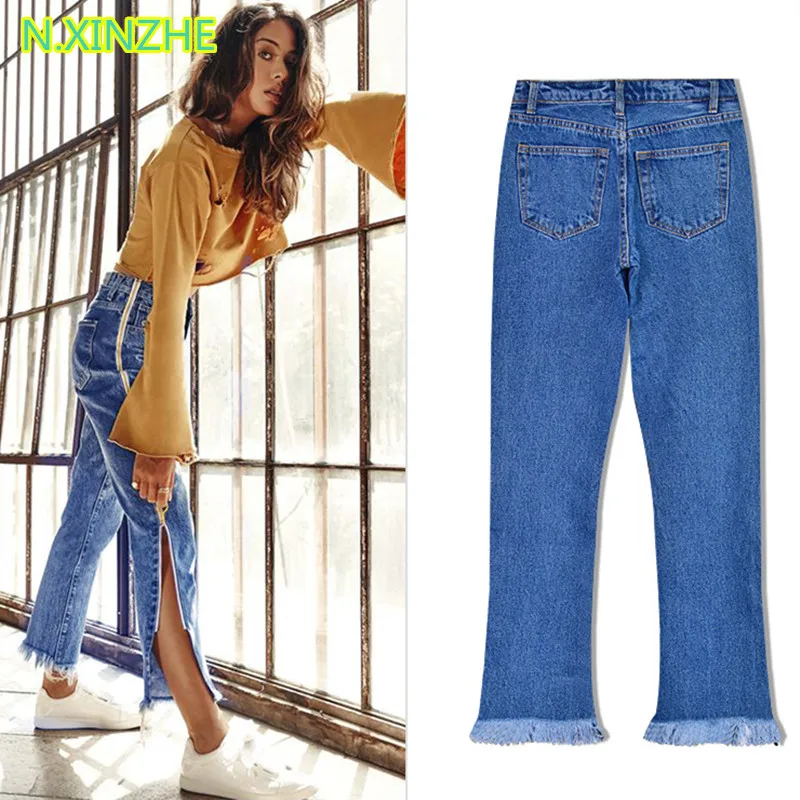 2018 Женская одежда с высокой талией на молнии сбоку кисточками потертые джинсовые