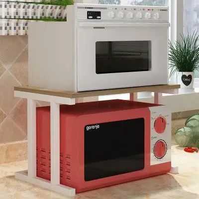 Простая модная полка для микроволновой печи, кухонная стойка для хранения, многофункциональная стойка для печи, специй, стальные+ деревянные кухонные принадлежности - Цвет: 2