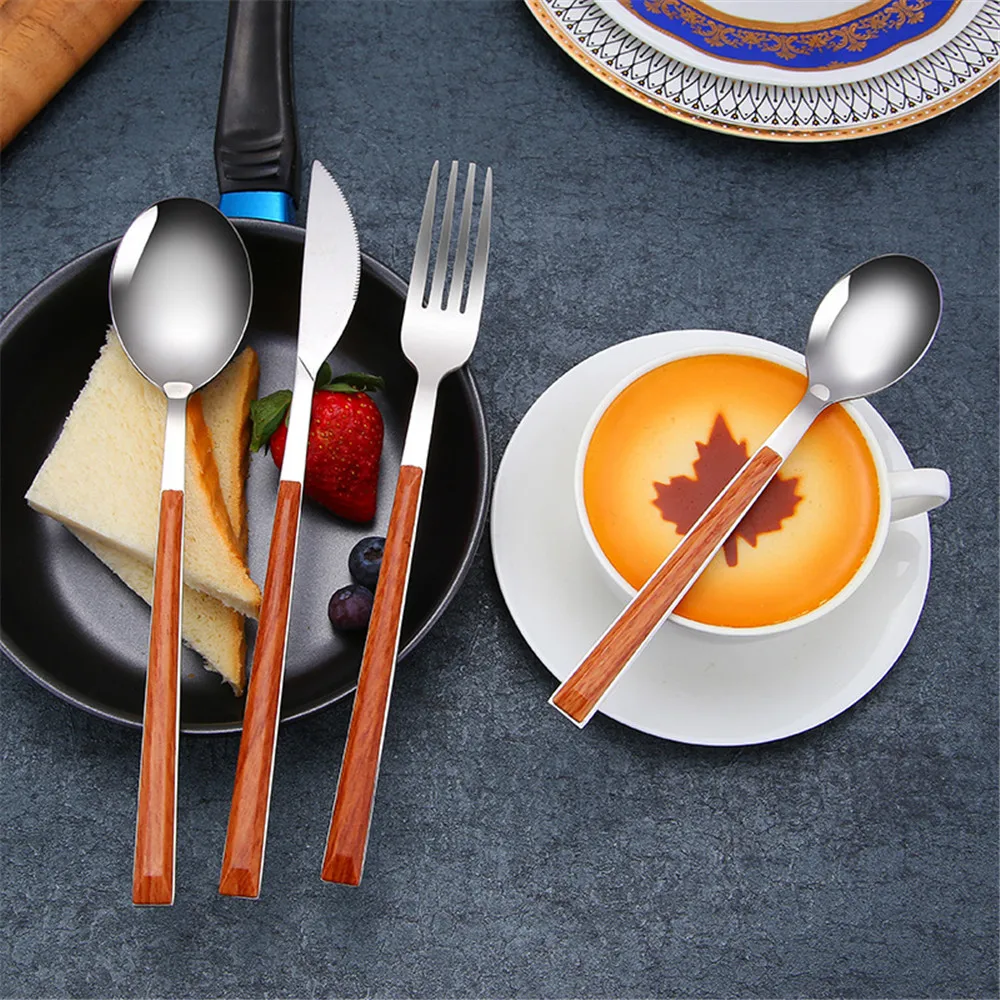 Wood Marble Pattern Silver Dinnerware Sets Portable Food Kni
