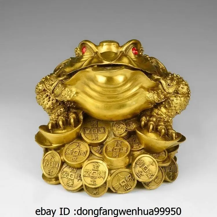 

7 China Brass Copper Fengshui Yuanbao Wealth Money Three Feet Golden toad Statue