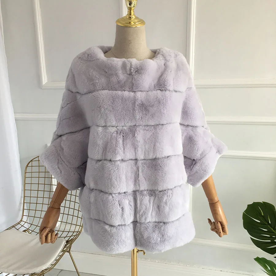 Top Selling Natural Rex Rabbit Fur Coat Batwing Sleeve Short  Jacket Women Winter Warm Fashion Overcoat