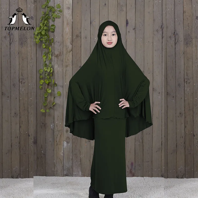Зеленый TOPMELON традиционные abaya хиджаб халаты для девочек из двух частей мусульманская молитва одежда Дети Твердые свободные большие abaya s - Цвет: Зеленый