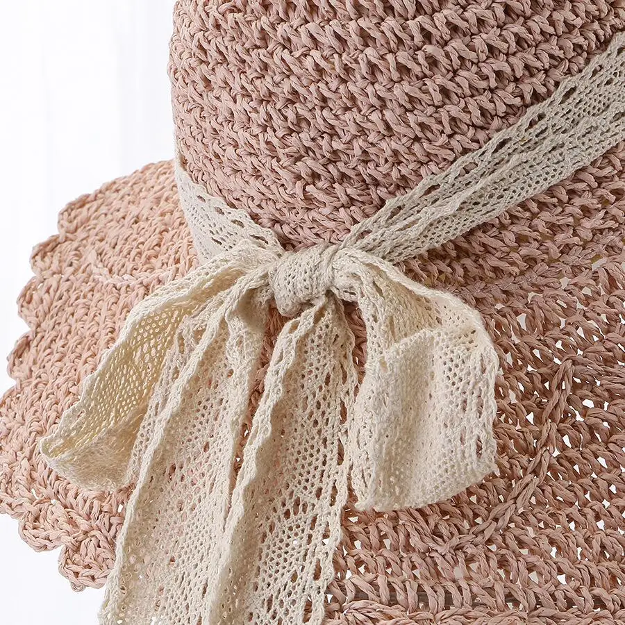 Соломенная шляпа для женщин песчаного пляжа с ручным вязанием крючком и бантом