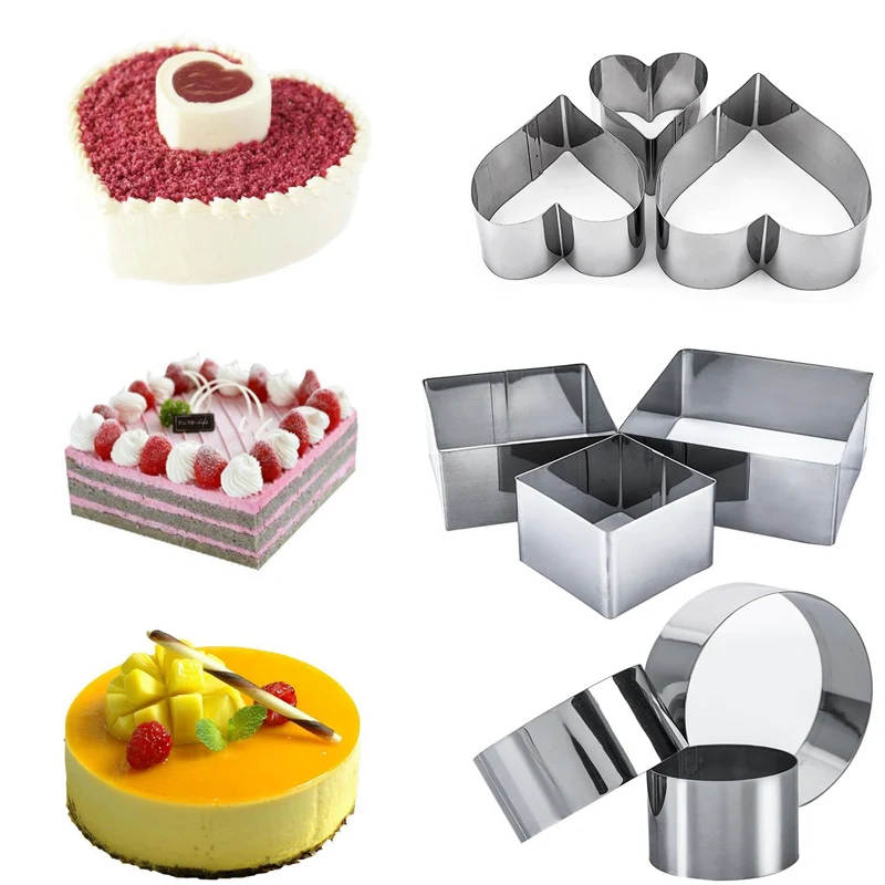

3pcs Stainless Steel Cake Mold Round Cake Ring Mousse Brownie Mould Heart Cake Decorating Mold Square Dessert Baking Tools