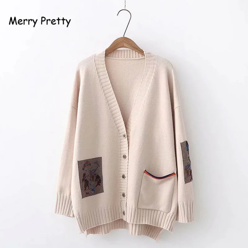 Хаки Merry Pretty Mori Girl свитер женская одежда Осень Зима полный рукав v-образный вырез вышивка Винтаж Женский Длинный свитер кардиганы - Цвет: Хаки