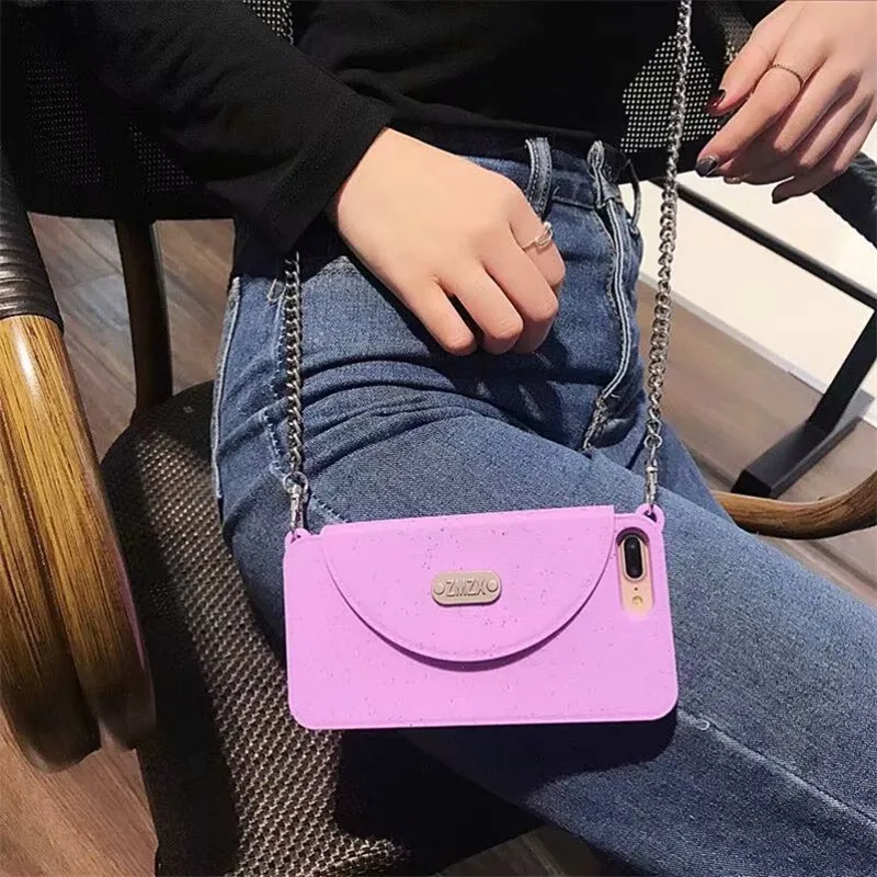 Purple FTAIDKJ Роскошный кошелек карты мягкий силиконовый Шолдер Сумка для iPhone X XS Max XR XS 10 7 6 6S 8 Plus женская сумочка кошелек с цепочкой - Цвет: Purple
