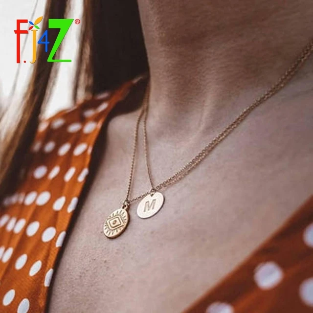 

F.J4Z New Hot On Ins Eye Coin Necklace Fashion Vintage Alloy Turkey Evil Eye Round Pendant Necklace Short Chain