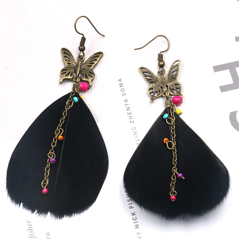 Женские длинные серьги-кисточки Boho с черным пером в этническом стиле