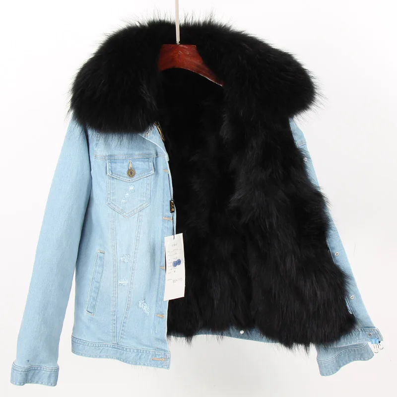 Maomaokong2018 new Natural raccoon fur detachable lining Real raccoon fur collar denim jacket Woman's hole cowboy Short coat - Цвет: 15