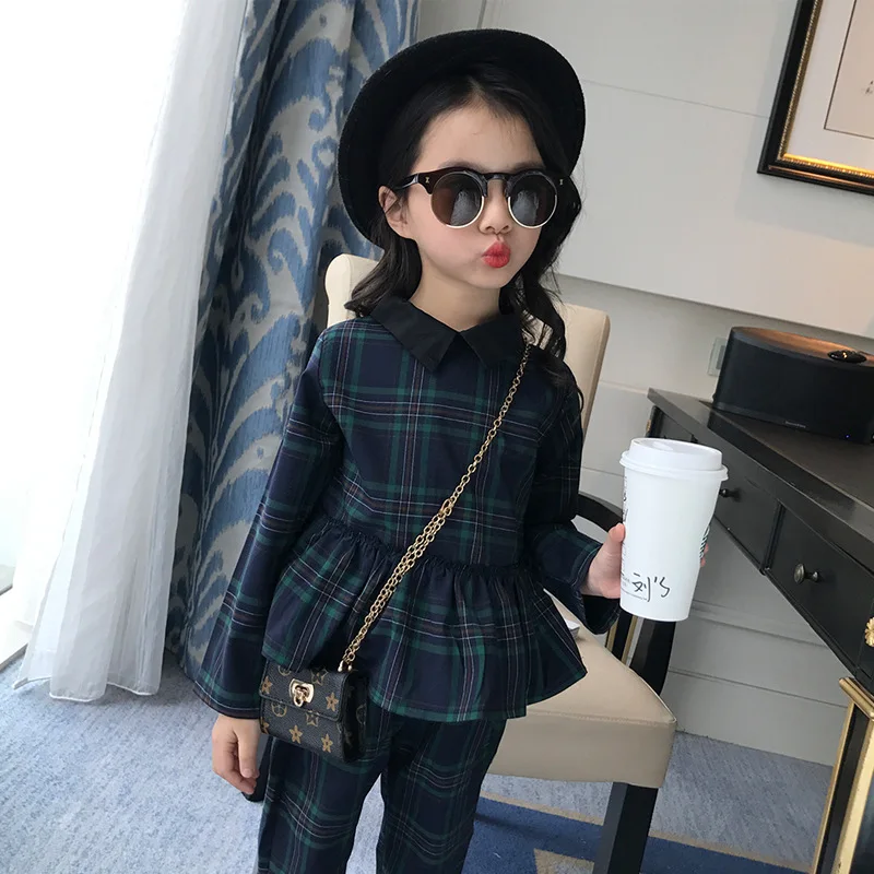 Весенние футболки и брюки комплекты одежды для девочек хлопковая клетчатая