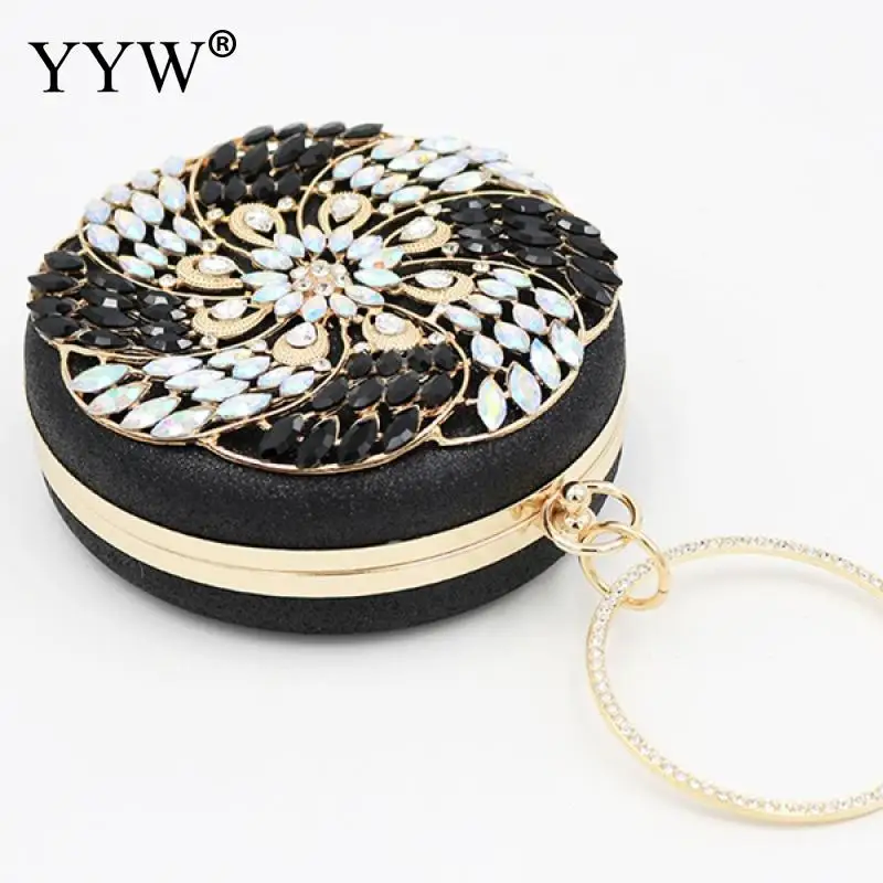 

YYW New Rhinestone Flower Shape Clutch Bags For Women 2019 Fashion Bun Circular Ring Handbag Party Wedding Round Purse clutches