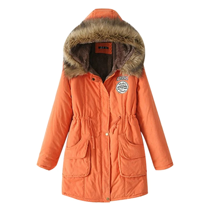 Оранжевый Зимние теплые женские парки с меховым воротником, тонкие парки на молнии, шерстяная шапка с капюшоном и поясом, толстая верхняя одежда с хлопковой подкладкой, длинное женское зимнее пальто - Цвет: Оранжевый