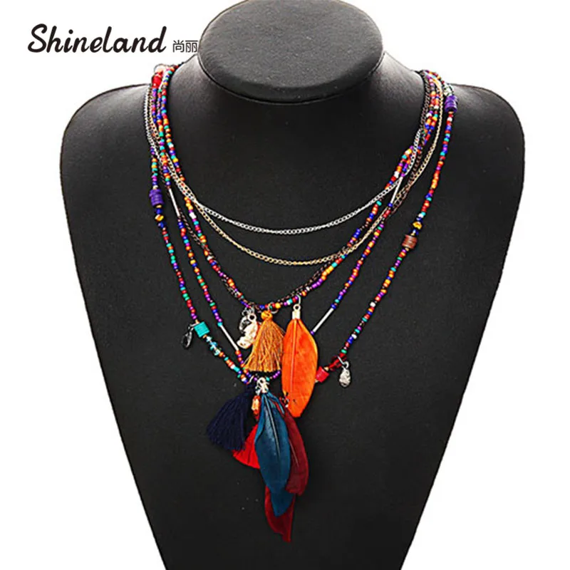 Shineland Multi-Color Feather Necklaces &amp Pendants Beads Chain Statement Necklace Women Collares Ethnic Jewelry Gifts | Украшения и