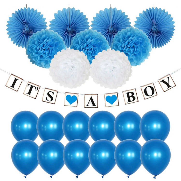 

It'S A boy Baby Shower Decoration Set "It'S A boy" Banner,Blue &White paper pom poms, Blue balloons,Blue paper fans kit for boy