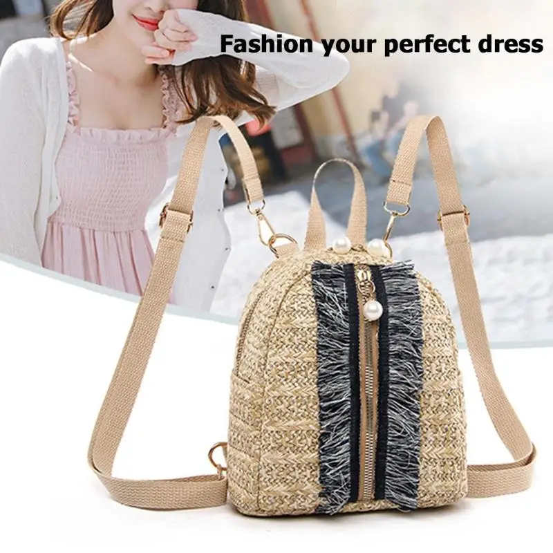 Маленькие дорожные рюкзаки Женские соломенные тканые Наплечные школьные сумки