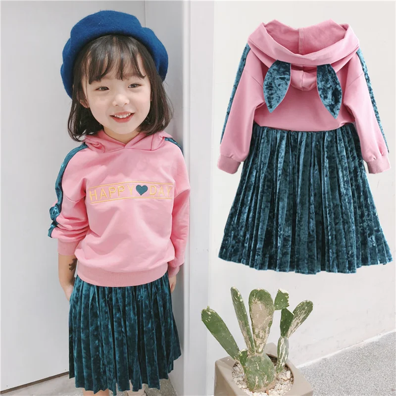 2018 New Kids Girls Hoodies Sweatshirt Top+ Velvet Pleated long Dress Children girls Clothing Set Casual Fashion 2pcs set | Детская