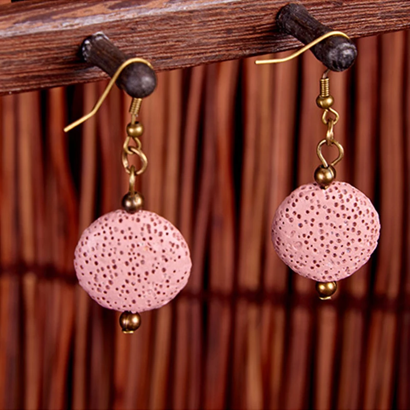 Стильные 8 цветов Круглый Лава висящие серьги с подвесками вулканический камень